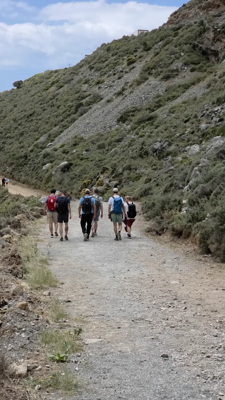 Die Gruppe wandert mit Rucksäcken einen Schotterweg an einem grünen Hang entlang